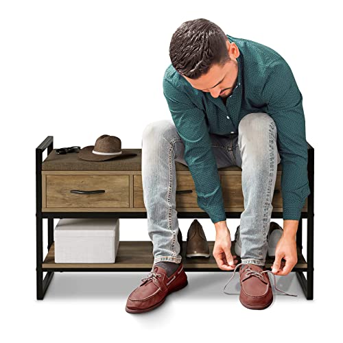 Urkno Shoe Bench Rack With Removable Cushion, 2 Tier Shoe Bench With 3 Fabric Drawer, Ideal For Entryway, For Entryway, Bedroom, Living Room, Hallway, Holds Up To 350 Lbs, Rustic Brown #TOP4