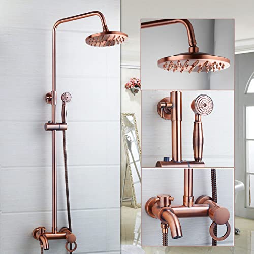 Sistema de ducha expuesto con cabezal de lluvia de 8 pulgadas y 3 funciones, grifo de baño con ducha de mano y válvula mezcladora de latón antiguo para instalación en pared miniatura 1