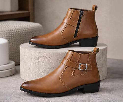 Image of Kraasa Men's Synthetic Leather Ankle Boots with Side Buckle Strap, Elastic Panel & Durable TPR Sole Casual & Formal Wear Boot