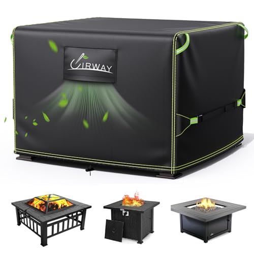 UIRWAY Fire Pit Cover 32 Inch Square, Waterproof Outdoor Fire Pit Cover, 600D Heavy Duty Oxford Fabric Firepit Covers with PVC Coating, Strong Tear & Windproof Patio Fire Pit Table Cover, Black