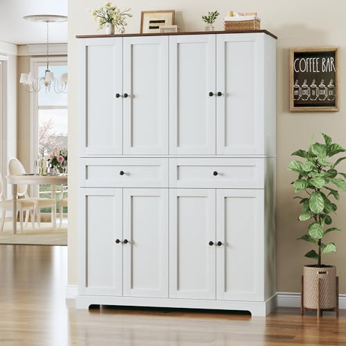 HUAHUU 71' Kitchen Pantry Cabinet with 6 Door Shelves, Tall Pantry Storage Cabinet with 8 Doors & 4 Adjustable Shelves, Modern Kitchen Pantry with 2 Large Drawers for Dining Room, Living Room, White