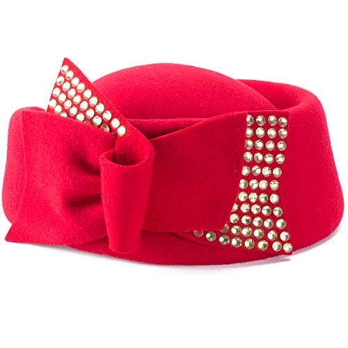 Ladies Rhinestone Teardrop Fancy Wool Fascinator Cocktail Pillbox Cap Hat A254 (Red)