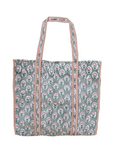 Image of Quilted Cotton Hand printed Reversible Large multicolor cotton Tote Bag,Indian Handmade Block Printed Tote Bag Women Handbag