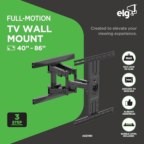 Image of ELG Full Motion TV Wall Mount for TVs 40'' to 86'', Holds up to 99 lbs,6-Way Swivel Tilt Cantilever| Boost Viewing with LED /LCD /Plasma| Easy Setup, Sleek Modern Look! Fits 16 inch Wood Studs,A02V6N, Black