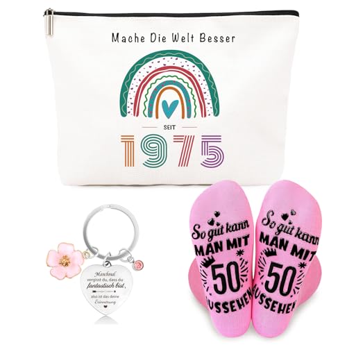 Lustige Geschenk 50. Geburtstag Frau Inklusive Kosmetiktasche zum 50. Geburtstag - Retro-Stil，50. Geburtstagssocken, Inspiration Schlüsselanhänger für Mutter Freundin Schwester (1975)