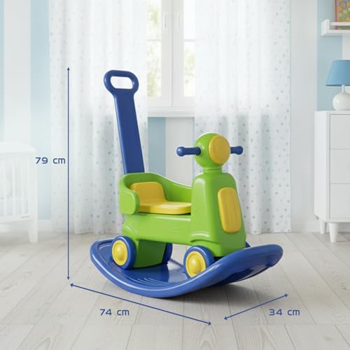 Image of Amazon Brand - Jam & Honey 3-in-1 Toddler Ride-On Scooter & Rocker with Parental Handle | 18+ Months | Detachable Balance Board | Wide Stable Wheels | BIS Certified | Green & Blue