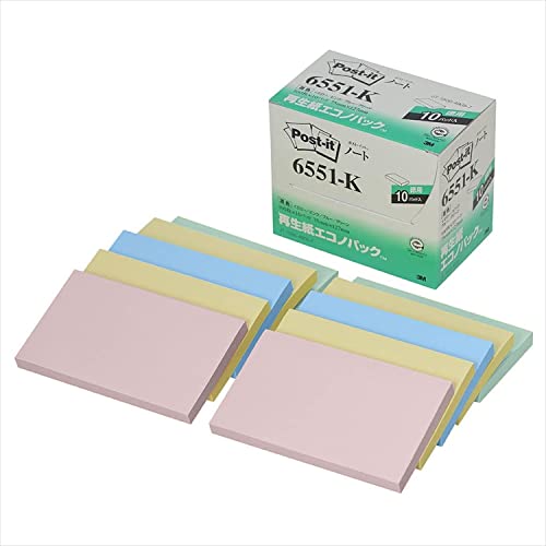 ポストイット 付箋 ノート パステルカラー 75×127mm 100枚×10パッド 6551-K