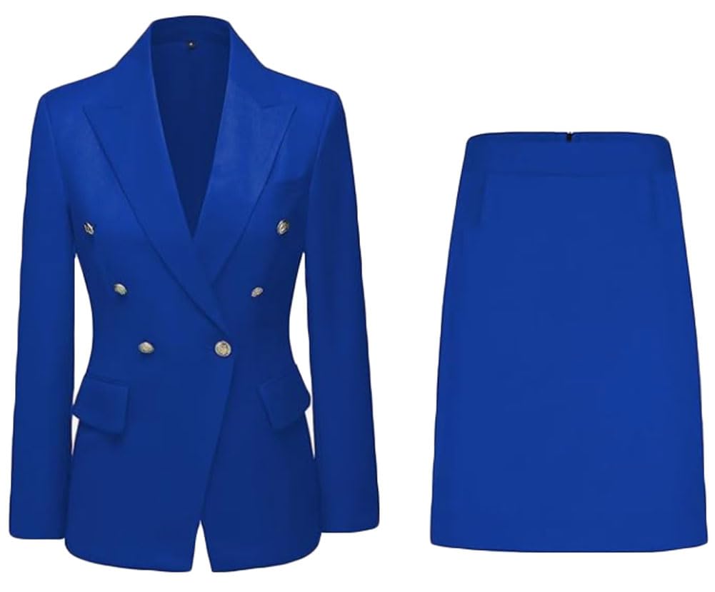 Botong Women's Royal Blue 2 Pc Skirt Suit Set Double Breasted Office Work Suit Notch Lapel Business Suit Front Open Blazer Skirt Xl