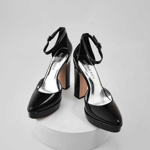 Image of Women's Platform Chunky Heel Pumps - Closed Toe Ankle Strap Block Heeled Dress Shoes for Wedding Party & Daily Comfort