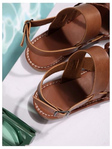 GORGLITTER Women's Leather Open Toe Braided Ankle Strap Sandals Dressy Summer Beach Vacation Flat Sandals 20254