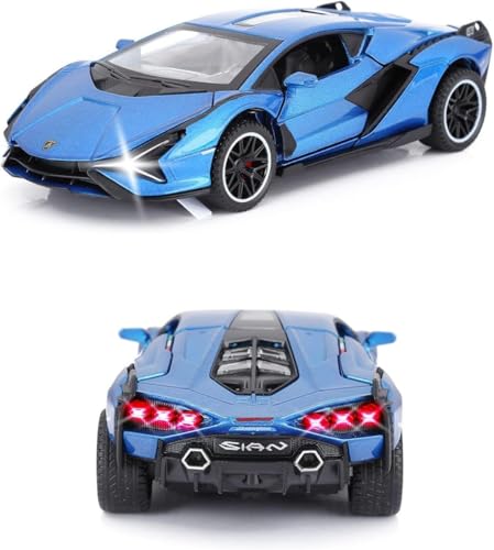 Image of 1:32 Lamborghini Sian Die-cast Metal Toy Car Pull Back Super car with Openable Doors with Sound and Light for Gifts Toys for Kids (1:32 Lamborghini Sian - Blue)