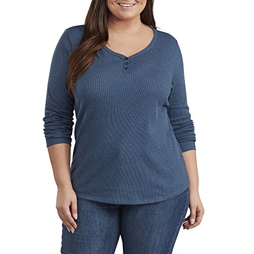Dickies Women's Plus Size Long-Sleeve 3-Button Henley Shirt, Dark Denim, 2PS
