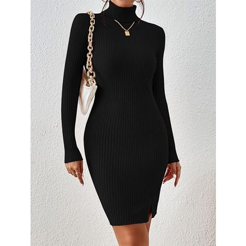 Image of GLARE & BLAIR Solid Turtle Neck Regular Fit Casual Ribbed Knit Long Sleeve Bodycon Dress for Women