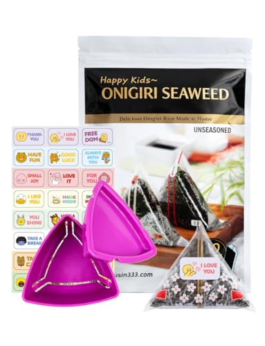Envoltorios coreanos de algas marinas para bolas de arroz de onigiri triangulares, 50 hojas con molde, 50 estándar + 24 calcomanías de sellado adicionales (total 74), nori tostado dos veces, fácil de