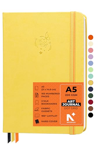 Image of NEORAH - A5 - ART JOURNAL | 200 Gsm Dotgrid Notebook | 160 Pages(21.0 x 14.8 cm)| Hard Cover| 3 Bookmarks | Elastic Closure | Back Pocket | Ideal - Bujo,Drawing & Painting, Junk Journal (YELLOW)