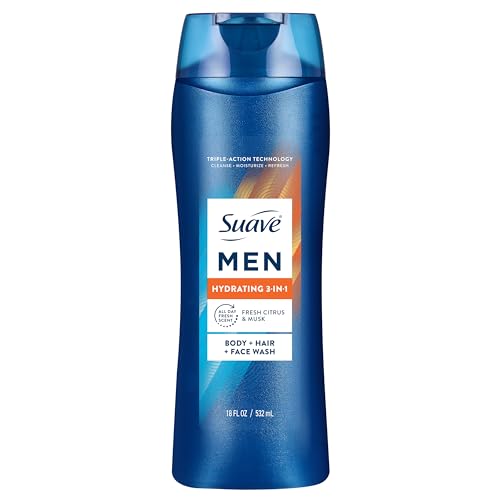 Suave Men Hydrating 3-in-1 Body + Hair + Face Wash with Glycerin & Vitamin E, Cleanse, Moisturize, Refresh, No Parabens or Pthalatates, Long-Lasting Fragrance, 18 FL OZ