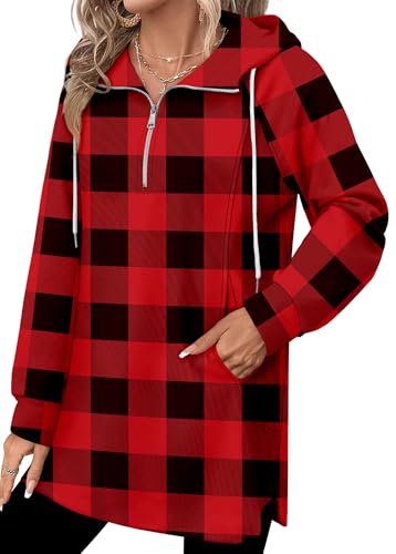 onlypuff Women Hoodie Pullover Trendy Quarter Zipper Lapel Sweatshirts Drawstring Cute Hooded Tunic Tops with Side Pockets