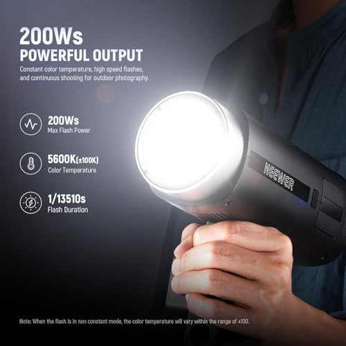 NEEWER Q200 Monolight 200Ws 2.4G TTL 1/8000 HSS App Control Outdoor Studio Strobe with Cleaning Cloth 3200mAh Battery Photography Speedlite 10W Modeling Light 0.01-1.5s Recycle 750 Full Power Flash