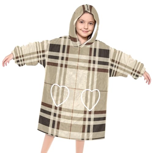Wearable Blanket Hoodie for Kids, Rustic Plaid Fleece Sweatshirt Blanket Oversized Blanket Sweatshirt with Pocket Flannel Warm Hooded Blanket 6-10 Year Old Girl Boy Gift, One Size