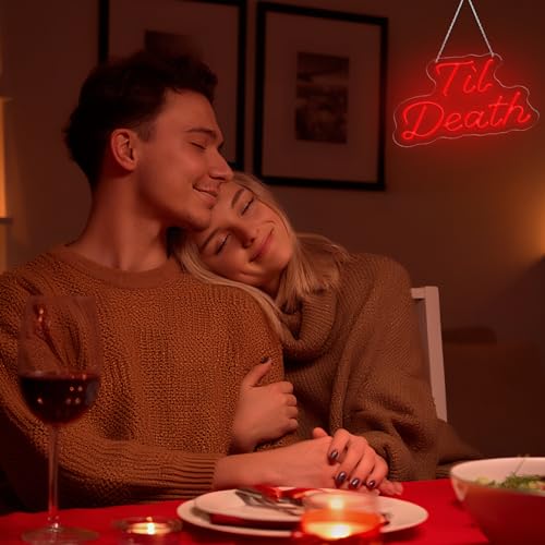 Image of Til Death Wedding Neon Sign, USB Powered Neon Signs with Dimmer and Sticky Hook, Hanging LED Light Sign Valentines Day Decorations, Home Decor for Bedroom Party Wall 16.93 x 11.42 inch