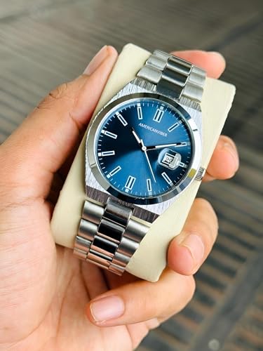 Image of AMERICANVIBER Men's Silver Stainless Steel Watch, Vibrant Green Sunburst Dial, Quartz Analog Movement, Date Display, Faceted Bezel for Men