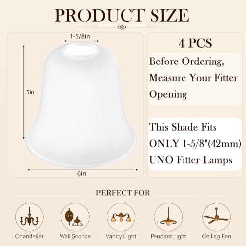 Image of Teenyyou 4 Pcs White Frosted Bell Shaped Glass Lamp Shade Replacement | Globe Ceiling Fan Light Cover with 1-5 /8'' (42mm) Fitter for Chandelier Wall Sconce Pendant Light Bathroom Vanity Fixture