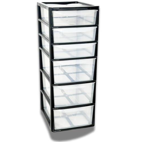 SIDSONS - A4 Medium Deep & Shallow Drawers - Portable Cabinets for Home and Office - Desktop Tower Storage Organizer - Multi-Purpose Plastic Clear Drawer (Black/Clear, A4 3 Deep & 3 Shallow Drawers)