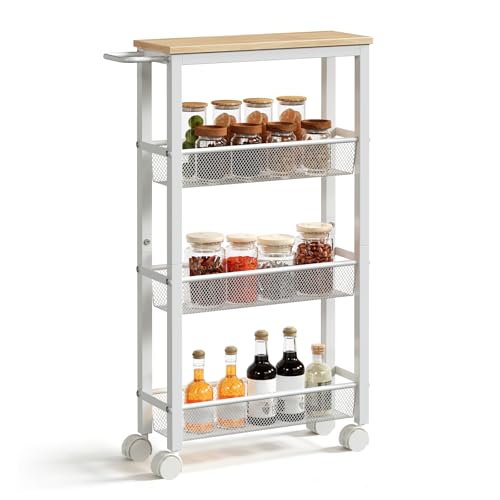 HOOBRO 4-stöckiger Servierwagen mit Rollen und verstellbaren Füßen, Rollwagen mit Zaun, Küchenwagen, Küchenregal, Barwagen, für Küche, Wohnzimmer, Esszimmer, Badezimmer, Weiß und Natur EWN71TC01