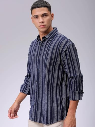 Image of The Indian Garage Co Men Slim Fit Striped Full Sleeves Cutaway Collar Casual Shirt