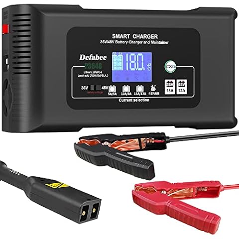 Defabee 36 Volt Golf Cart Battery Charger, 36V18A and 48V13A Car Trickle Battery Charger, 18-Amp Smart Charger, Lithium LiFePO4, Lead-Acid AGM/Gel/SLA, EZGO, TXT, Car, Boat Cover