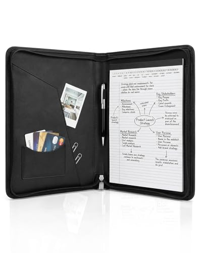 OOWOLF Professional PU Leather Zippered Portfolio with Included Letter Size Notepad, Business Padfolio & Document Organizer for Men & Women, Sleek Resume Folder for Interviews & Office, Black
