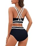 BMJL Women High Waisted Bikini Set Sporty Color Block Swimsuits Modest Full Coverage Two Piece Bathing Suits (Large, Black)