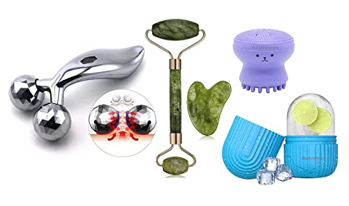 RUDRESHWAR Manual Body, Face Massager Roller, ice Roller, 3D Massager Roller And Anti Aging 100% Natural Stone Jade Roller With Gau Sha Stone, Octopus Brush (Multi Color)