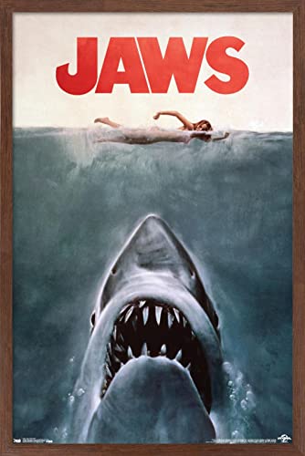 Trends International Jaws - One Sheet Wall Poster, 22.375" x 34", Mahogany Framed Version