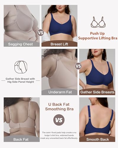 Image of HORISUN Seamless Bras Full Coverage Wireless Push Up Bra for Women No Underwire Comfort V Neck Bralettes with Support