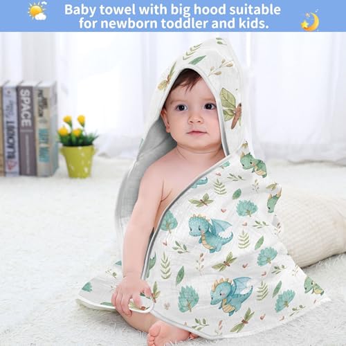 Image of Burbuja Cute Dragon Baby Bath Towel - Soft Absorbent Muslin Cotton Hooded Towel for Newborn Infant Toddler, 30x30 in
