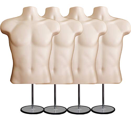 DisplayTown Male Mannequin Torso with Metal Stand Hollow Back Body Stackable Dress Form for Tshirt Display, Countertop, Craft Shows, Photos and Design, S-M Clothing Size (Flesh, Set of 4)