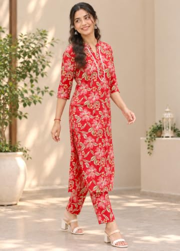 Image of Women's Pure Cotton Printed Kurta Pant Set | Floral Print Kurta with Pants | Ethnic Suit Set | Daily Wear | Co-Ord Set Dress for Women,2 Piece Set