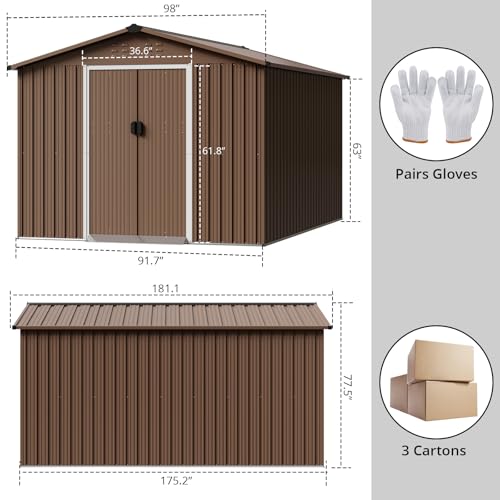 8x15 Ft Outdoor Storage Shed, Steel Utility Tool Shed with Sloped Roof & Lockable Door, Backyard Garden Patio Lawn Outdoor Shed for Storing Tools and Equipment in Yard, Brown