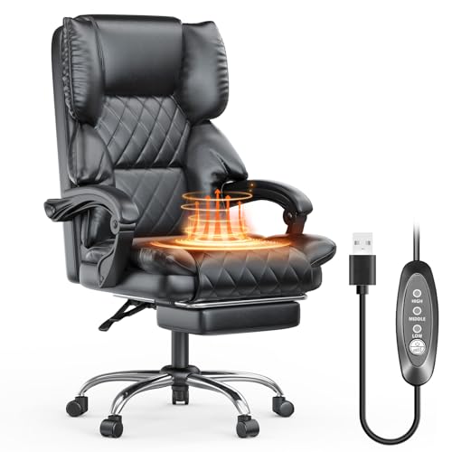 naspaluro Silla de Oficina con Reposapiés, Calefacción en los Asientos, Silla de Escritorio Ergonómica, Silla Ordenador de Cuero PU con Reposabrazos Acolchada y Reposacabezas, Negro