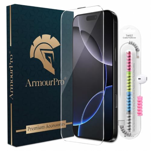 Image of ArmourPro Premium Borderless Tempered Glass for iPhone 16 / iPhone 15, HD Clear Screen Protector, Anti-Dust Speaker Mesh, 9H Hardness, Edge-to-Edge Fit, Case Friendly, Cable Protector