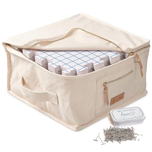 KnitIQ Pack of 9 Blocking Mats for Knitting and Crocheting - Extra Thick Blocking Boards for Crochet Projects - Block Mats for Knitting with Circular Gridlines, 150 T-Pins, and Storage Bag