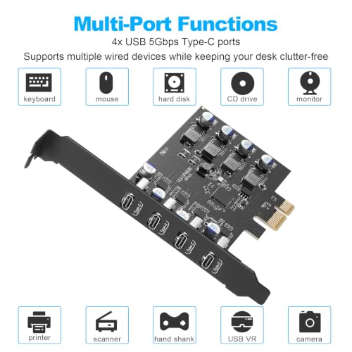 Image of 4-Ports PCIe USB 3.0 5Gbps Expansion Card (4X Type-C) | PCIe USB C Expansion Card, USB C PCIe Card with a Low Profile Bracket, with Windows 11 /10 /8 /7 /XP and Linux