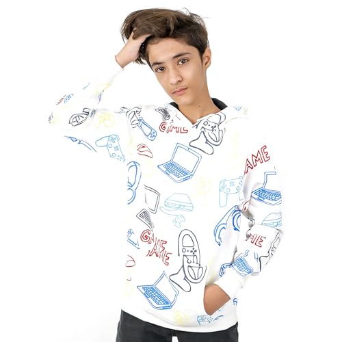 Photo de NOROZE Garçons Sweat à Capuche Unisexe de Jeu Écouteurs Crâne Squelette Mains Joueur Sweat-Shirt Pere Fils OTH Haut Pull-Over Pull drôle (13 Ans, Blanc)