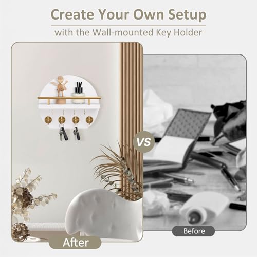Nekon Key Holder for Wall - 9.8 Inch Apartment Wall Decor with Shelf and 8 Key Hooks, Circular Wood Key Hanger for Home Decor (White&Gold) - Cosy Home Interiors Nekon Key Holder for Wall - 9.8 Inch Apartment Wall Decor with Shelf and 8 Key Hooks, Circular Wood Key Hanger for Home Decor (White&Gold) - Image 4