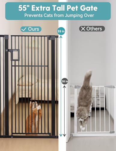 No Pawblems Upgraded 55" Extra Tall Pet Gate for Cat, 29-43" Auto Close Cat Gate for Doorways/Stairs/Hallways, NO Drilling Pressure Mounted Tall Dog Gate Indoor, 1.37" Pet-Safe Gap, Black