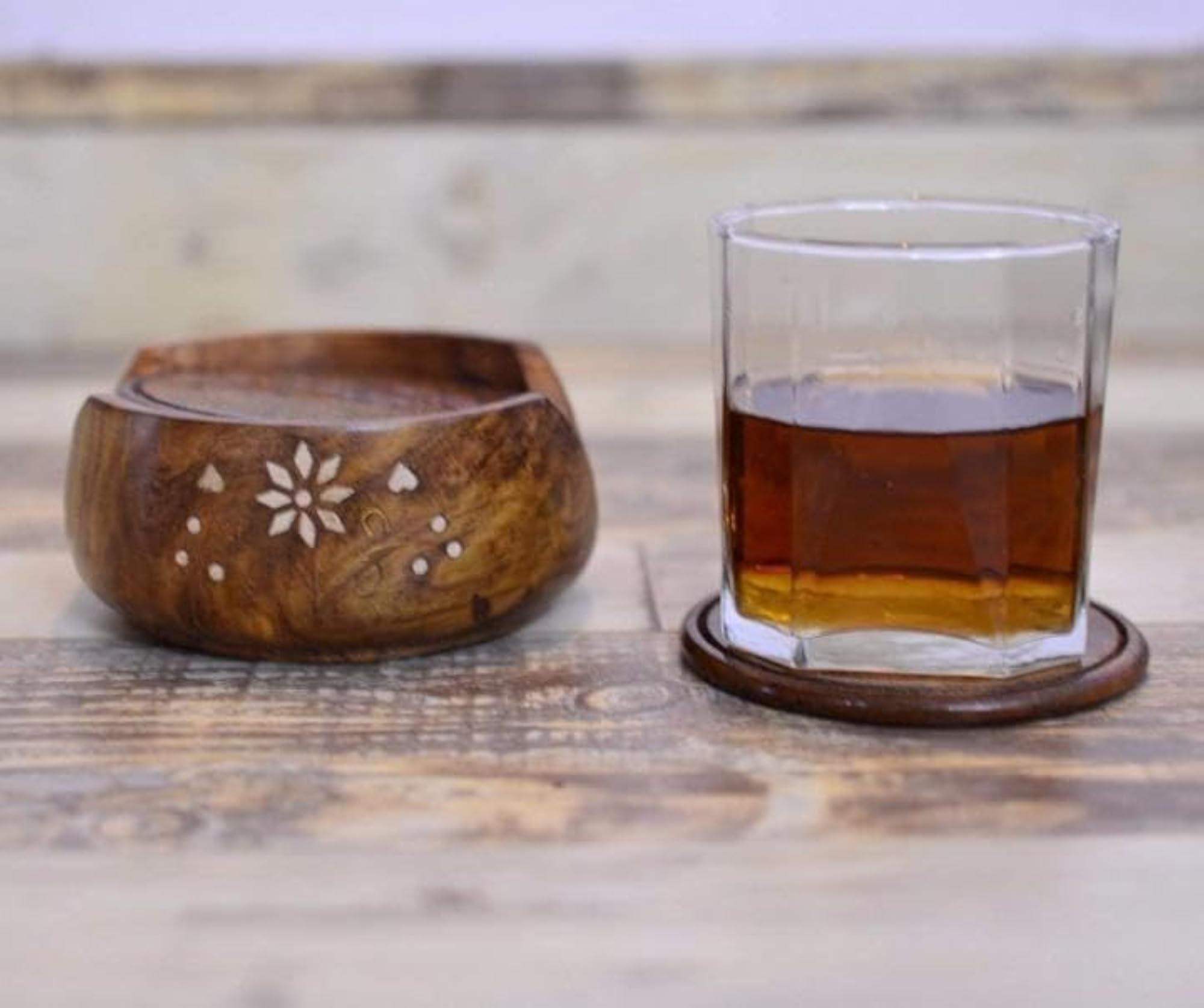 Round Drink Coasters Set of 6 with Decorative Holder