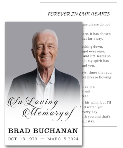 Jvnety Custom Prayer Cards for Funerals with Photo Name Dates - Personalized Memorial Cards 4 x 2.5 In Double-Sided Prayer or Poem Celebrating The Life Of 15-250 Cards
