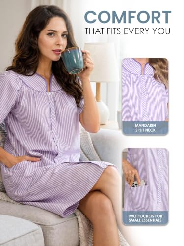 Image of Casual Nights Women's Snap - Front House Dress Short Sleeve Woven Housecoat Duster Lounger Robe with Pockets