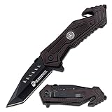 MTECH USA – Spring Assisted Open Folding Knife – Black Tanto Blade, Black Aluminum Handle, Rope Cutter, Carbide Tip Glass Punch, and Pocket Clip, US Marines, Tactical, EDC, Self Defense- M-A1033BK